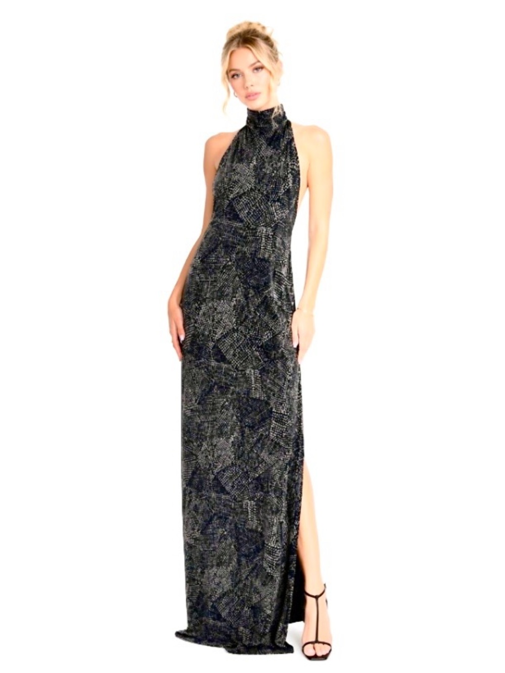 KamalaKouture  Halter Maxi with Turtle Neck Dress in Black & Grey Print